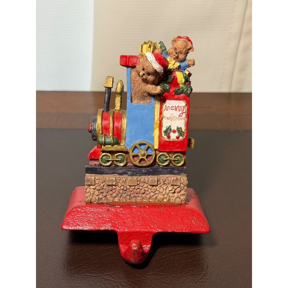 Vintage Christmas Train Teddy Bear Stocking Holder Cast Iron Red Blue Holiday